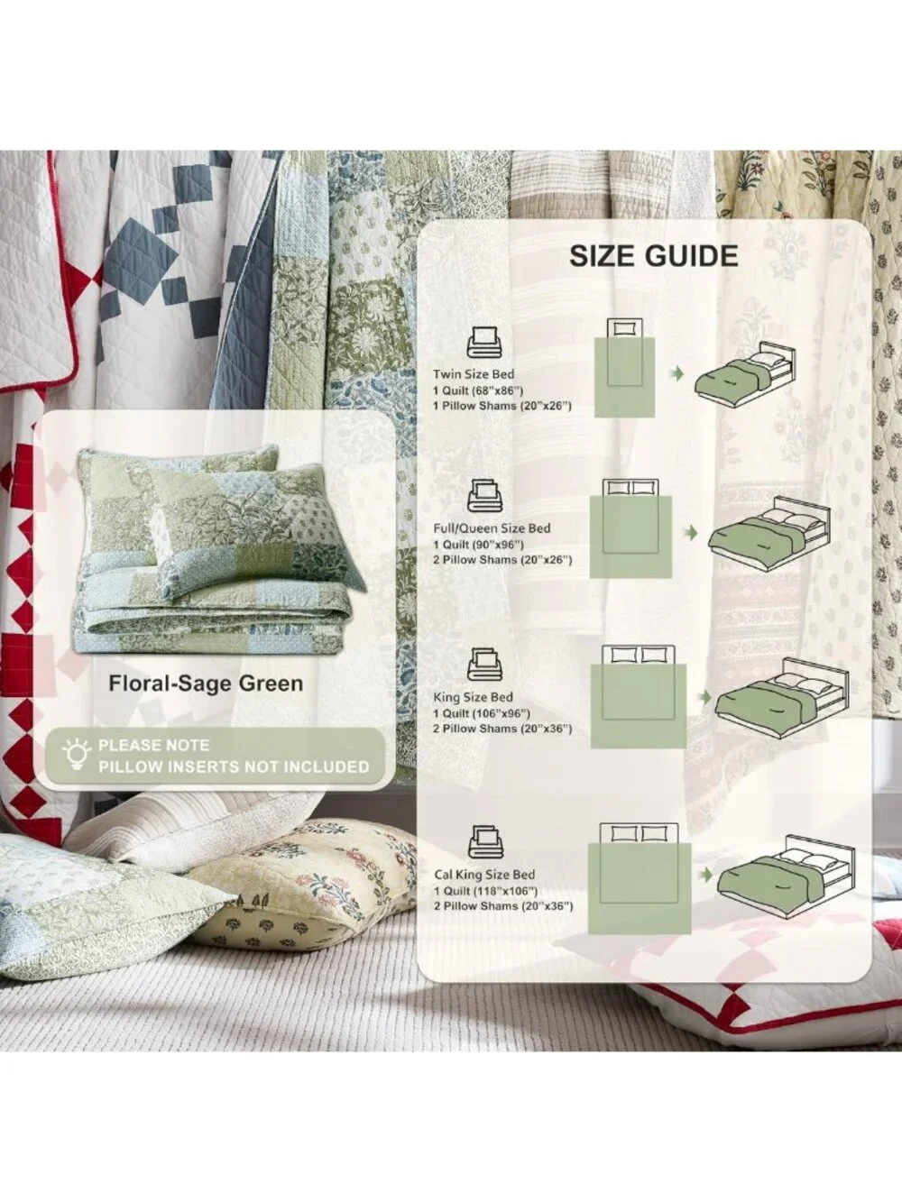 100% Cotton Reversible Patchwork Quilt Set - Queen Size Farmhouse Bedding, Green